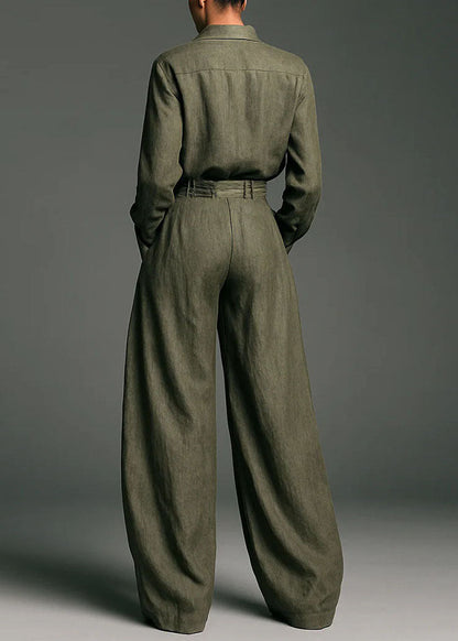 Brief Army Green Peter Pan Collar Shirts And Wide Leg Pants Two Pieces Set Fall