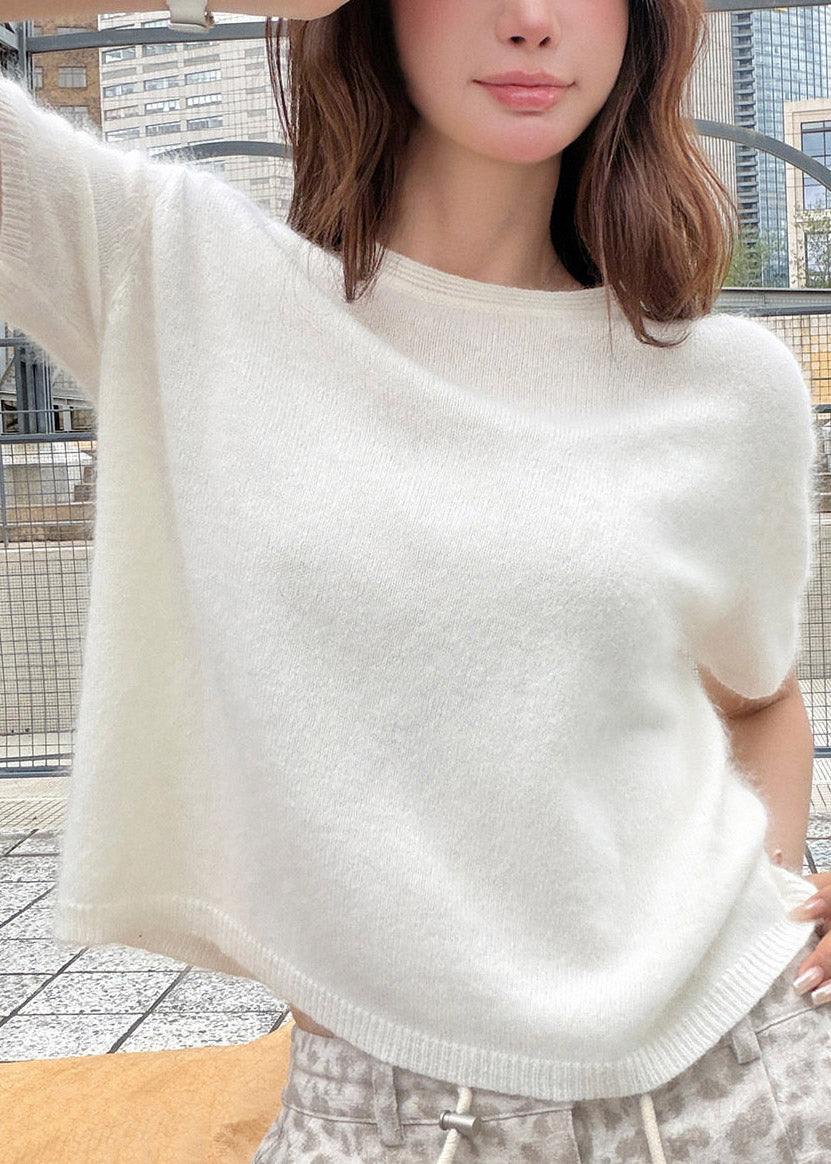 Brief Beige O-Neck Patchwork Solid Cotton Knit Sweaters Short Sleeve