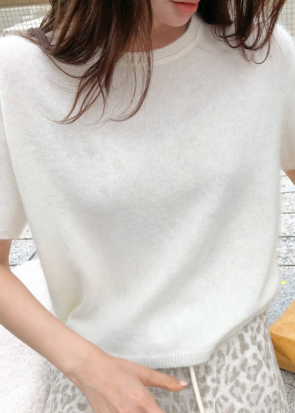 Brief Beige O-Neck Patchwork Solid Cotton Knit Sweaters Short Sleeve