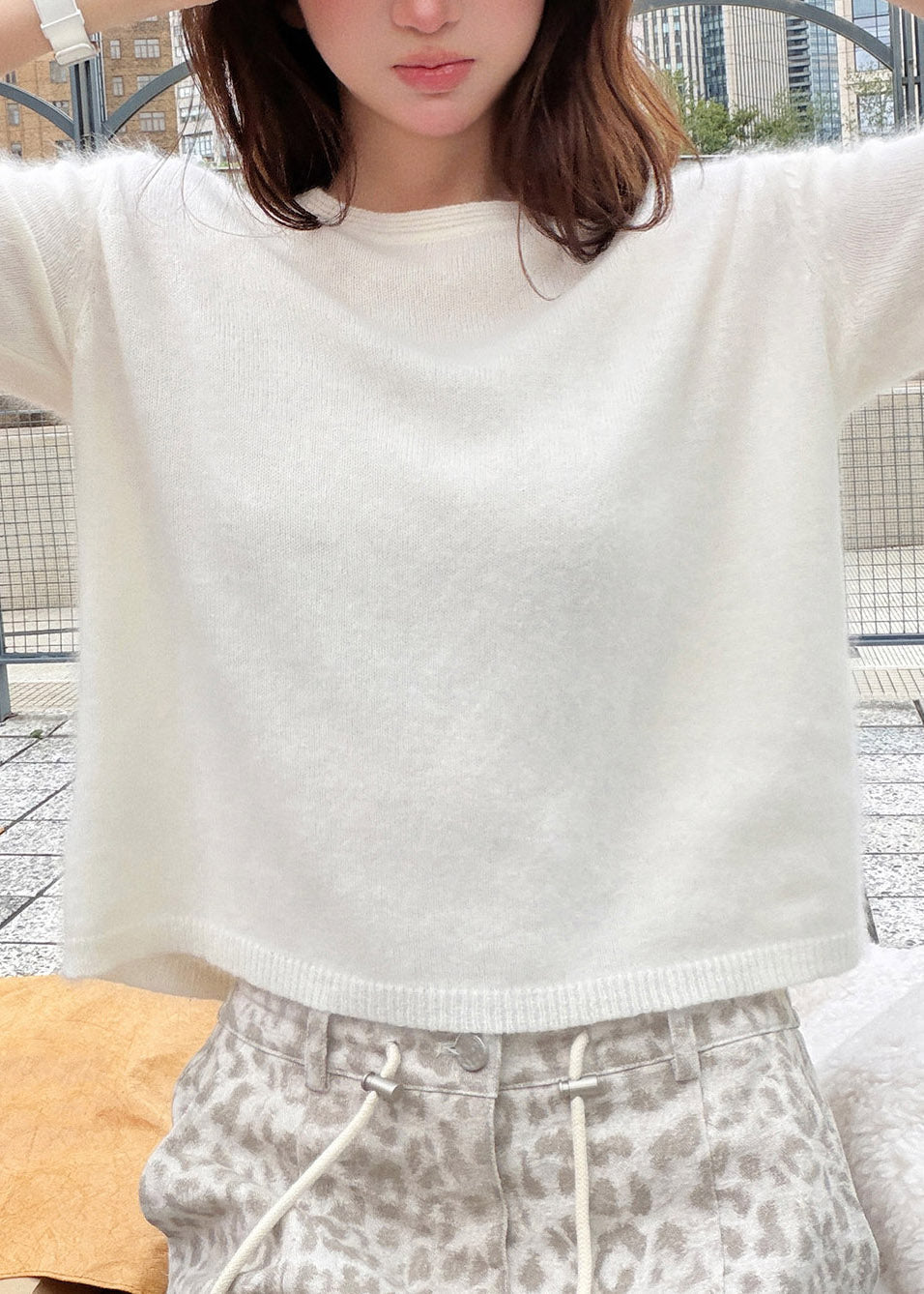 Brief Beige O-Neck Patchwork Solid Cotton Knit Sweaters Short Sleeve