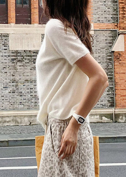 Brief Beige O-Neck Patchwork Solid Cotton Knit Sweaters Short Sleeve