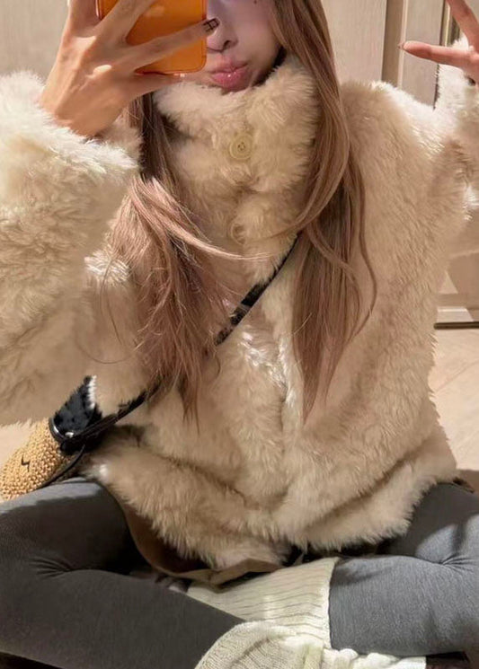 Brief Beige Stand Collar Pockets Faux Fur Coat Winter