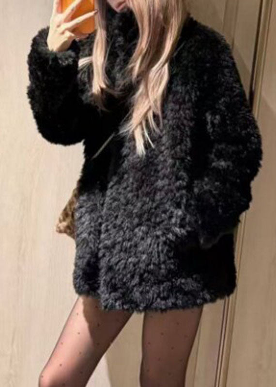 Brief Beige Stand Collar Pockets Faux Fur Coat Winter