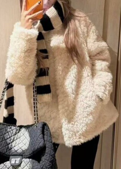 Brief Beige Stand Collar Pockets Faux Fur Coat Winter