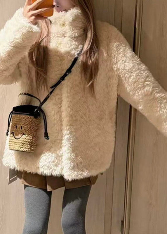 Brief Beige Stand Collar Pockets Faux Fur Coat Winter