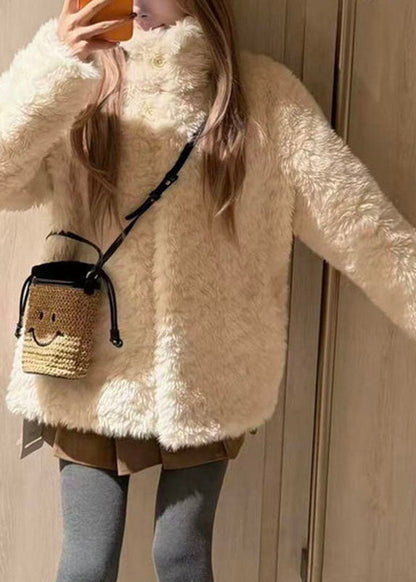 Brief Beige Stand Collar Pockets Faux Fur Coat Winter