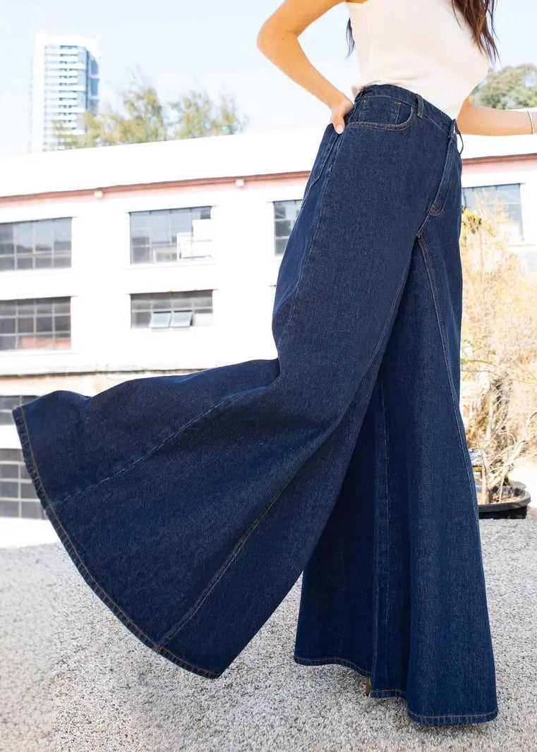 Brief Blue Pockets Button Wide Leg Jeans
