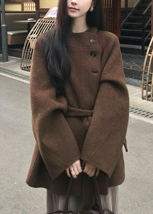 Brief Brown Stand Collar Button Patchwork Woolen Coat Fall