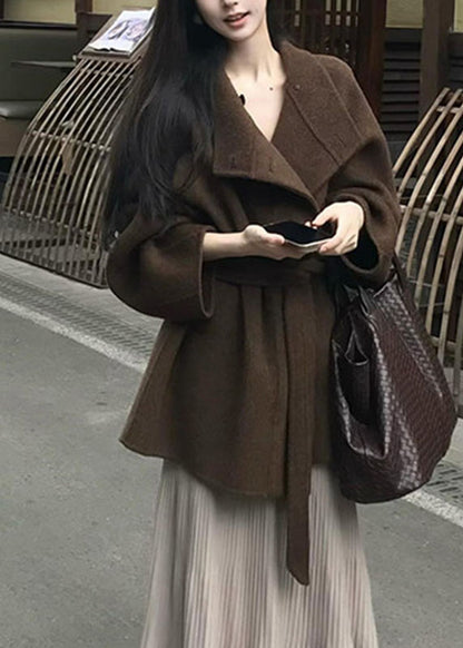 Brief Brown Stand Collar Button Patchwork Woolen Coat Fall
