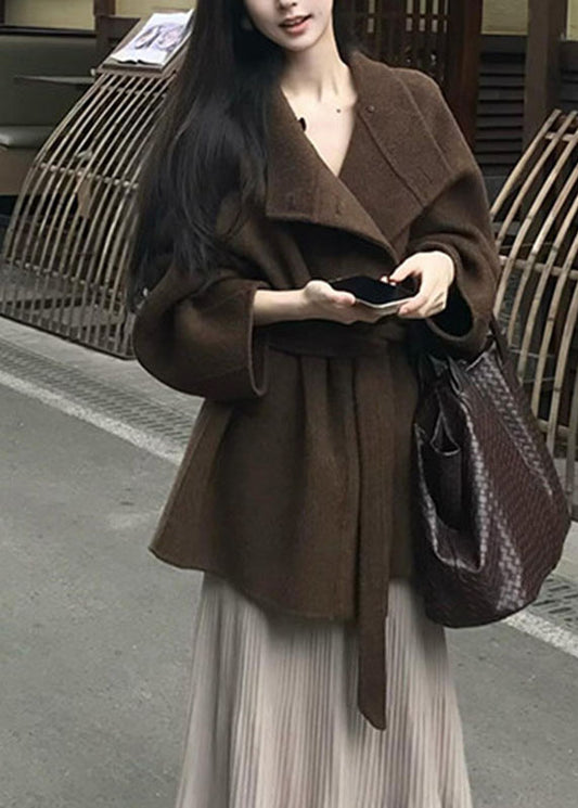 Brief Brown Stand Collar Button Patchwork Woolen Coat Fall