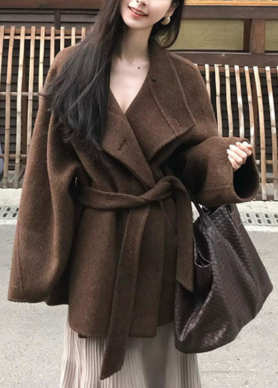 Brief Brown Stand Collar Button Patchwork Woolen Coat Fall