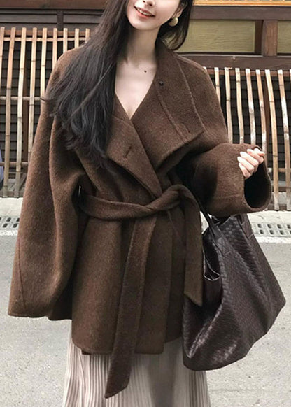 Brief Brown Stand Collar Button Patchwork Woolen Coat Fall