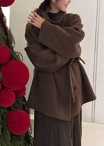 Brief Brown Stand Collar Button Patchwork Woolen Coat Fall
