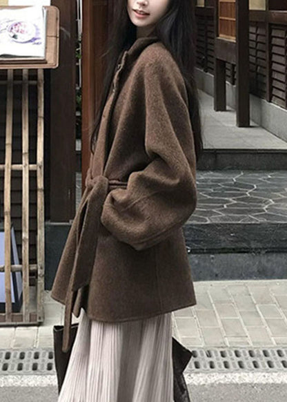 Brief Brown Stand Collar Button Patchwork Woolen Coat Fall