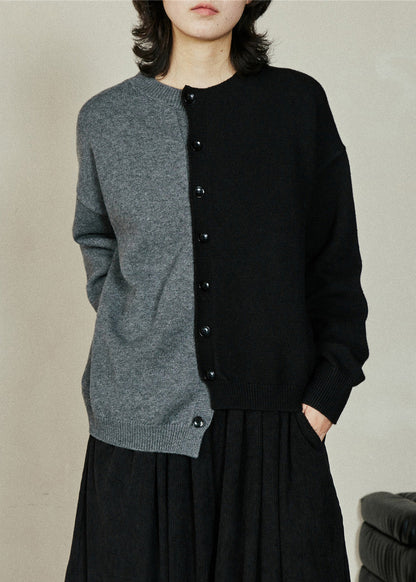 Brief Colorblock O-Neck Asymmetrical Cotton Knit Sweaters Fall