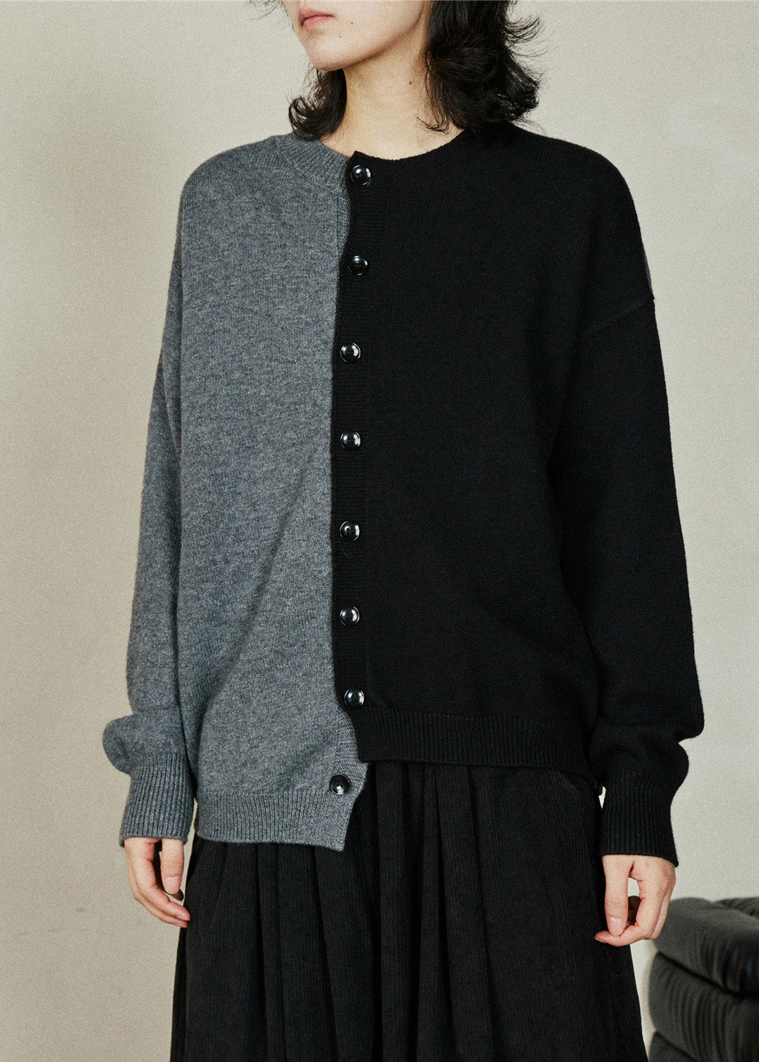 Brief Colorblock O-Neck Asymmetrical Cotton Knit Sweaters Fall