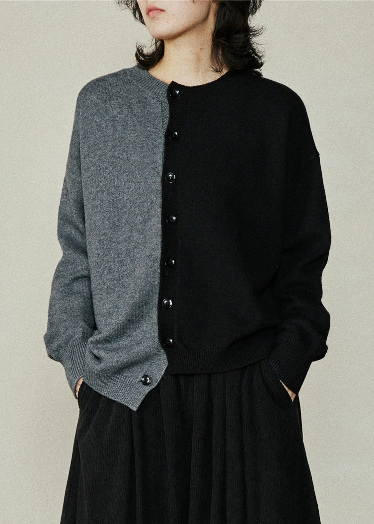 Brief Colorblock O-Neck Asymmetrical Cotton Knit Sweaters Fall