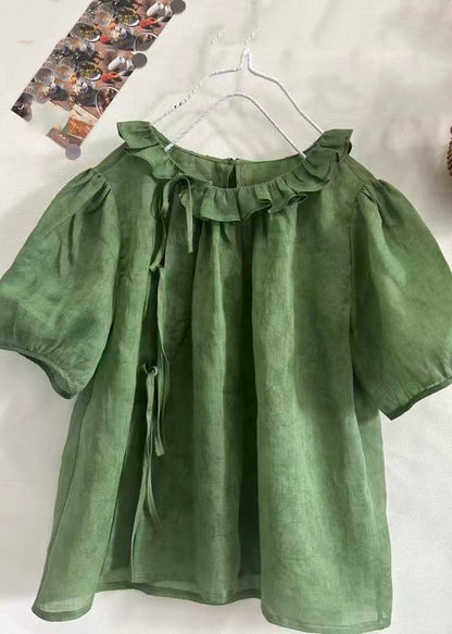 Brief Green O-Neck Ruffled Patchwork Top Summer