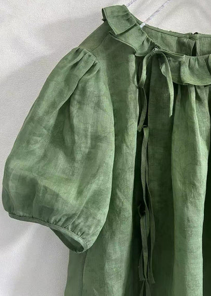 Brief Green O-Neck Ruffled Patchwork Top Summer