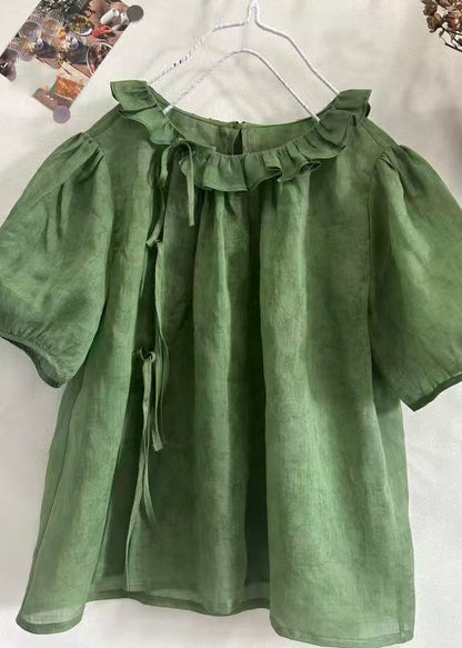 Brief Green O-Neck Ruffled Patchwork Top Summer