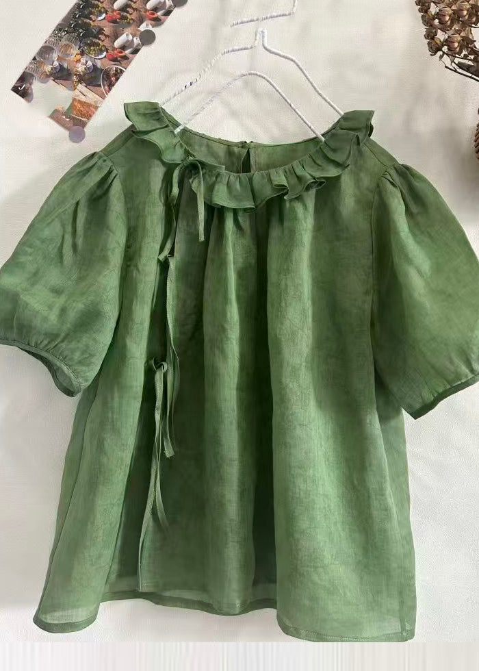 Brief Green O-Neck Ruffled Patchwork Top Summer