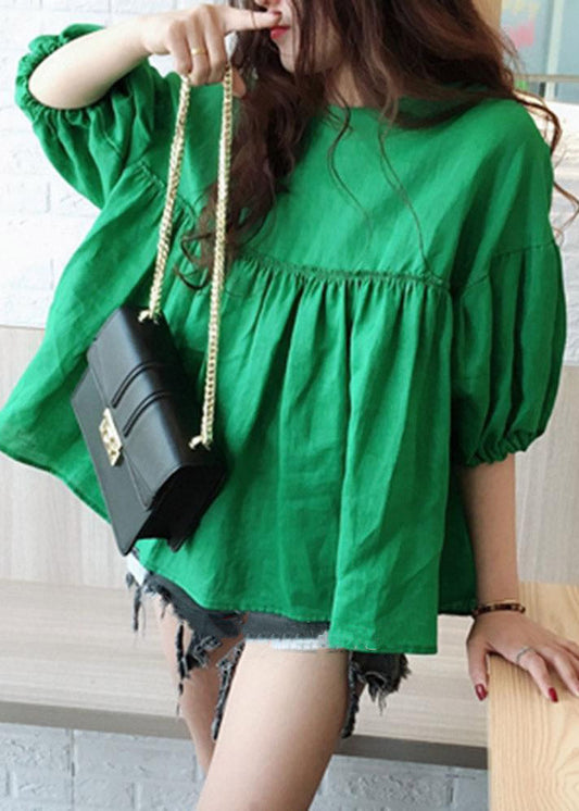 Brief Green O-Neck Solid T Shirts Lantern Sleeve
