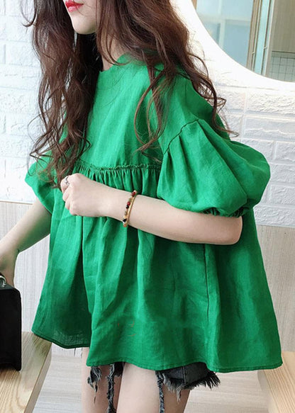 Brief Green O-Neck Solid T Shirts Lantern Sleeve