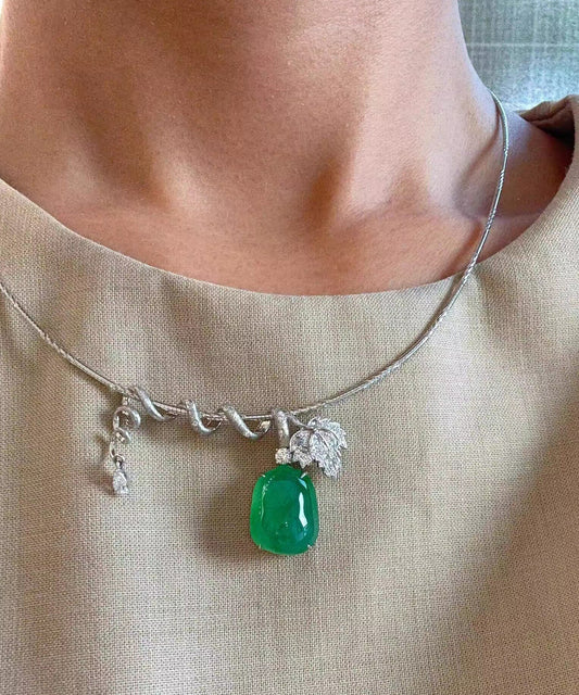 Brief Green Stainless Steel Inlaid Zircon Jade Pendant Necklace