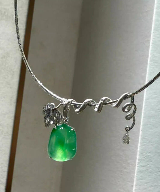 Brief Green Stainless Steel Inlaid Zircon Jade Pendant Necklace