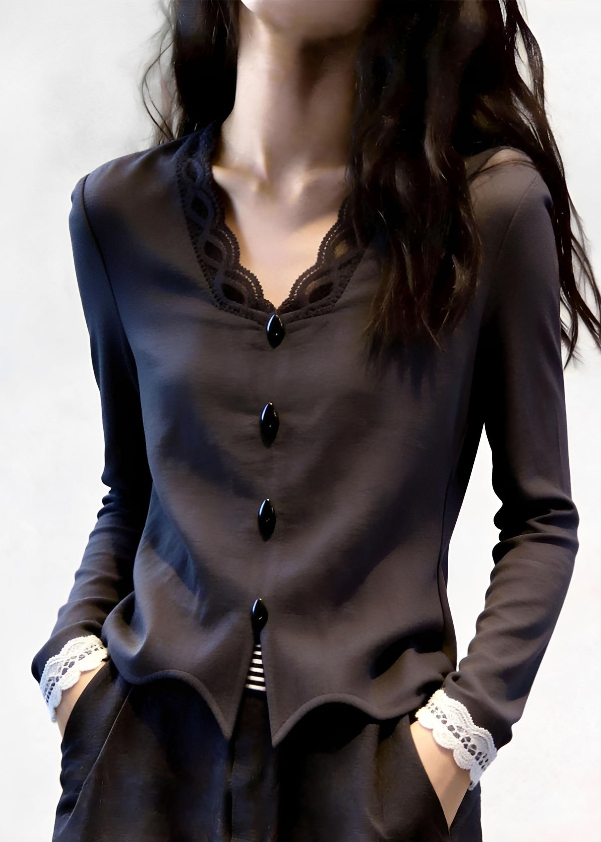 Brief Grey Button Shirt Lace Patchwork Fall