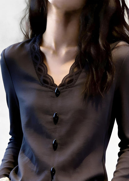 Brief Grey Button Shirt Lace Patchwork Fall