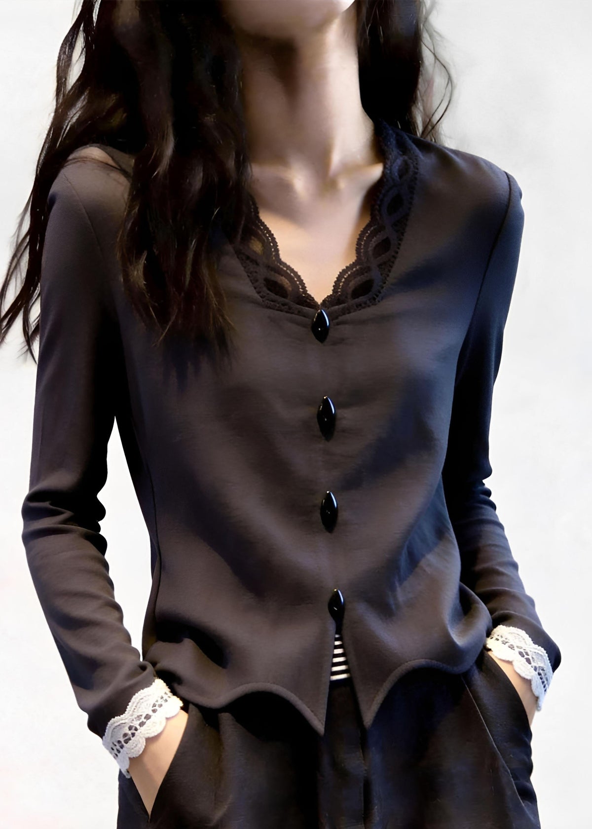 Brief Grey Button Shirt Lace Patchwork Fall