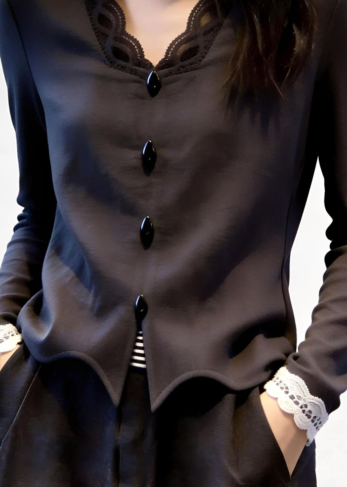 Brief Grey Button Shirt Lace Patchwork Fall