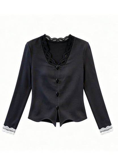 Brief Grey Button Shirt Lace Patchwork Fall