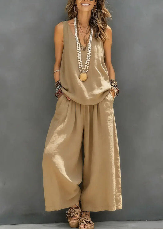 Brief Khaki Solid Vest And Crop Pants Two Pieces Set Sleeveless