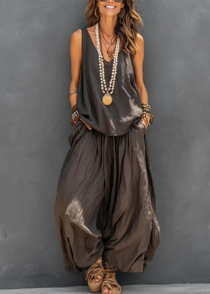 Brief Khaki Solid Vest And Crop Pants Two Pieces Set Sleeveless