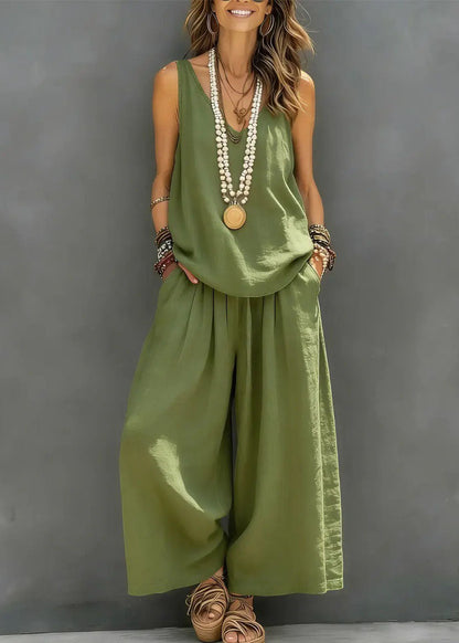 Brief Khaki Solid Vest And Crop Pants Two Pieces Set Sleeveless