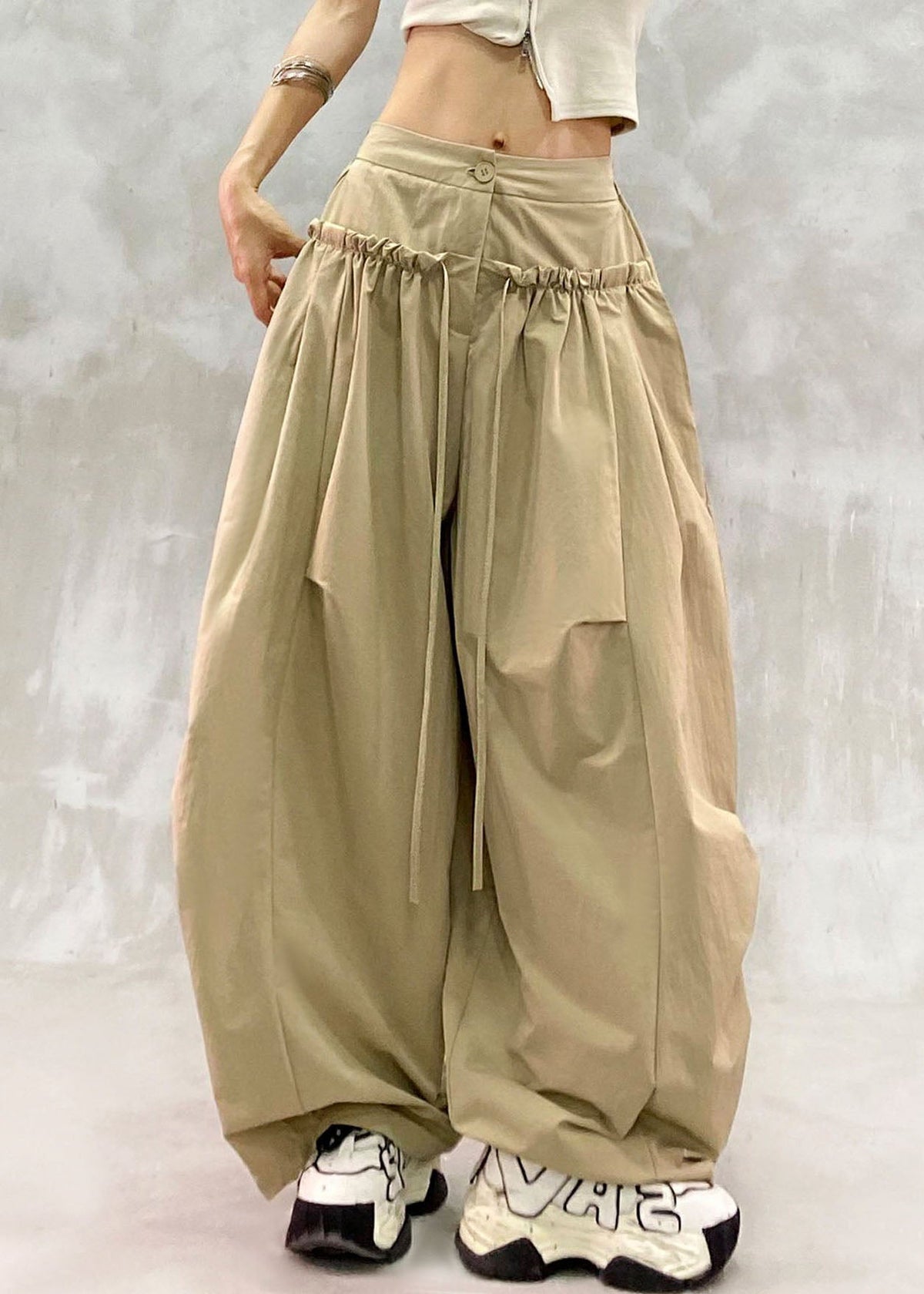 Brief Khaki Wrinkled High Waist Wide Leg Pants Fall