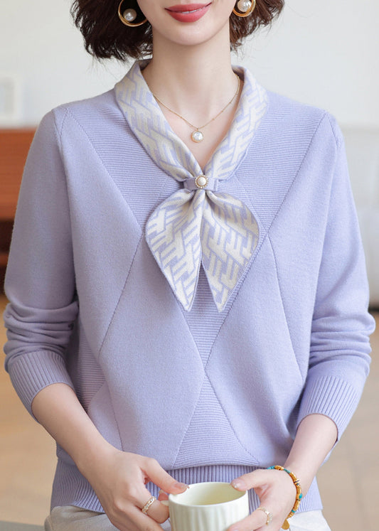 Brief Light Purple Bow Patchwork Cotton Knit Sweaters Fall