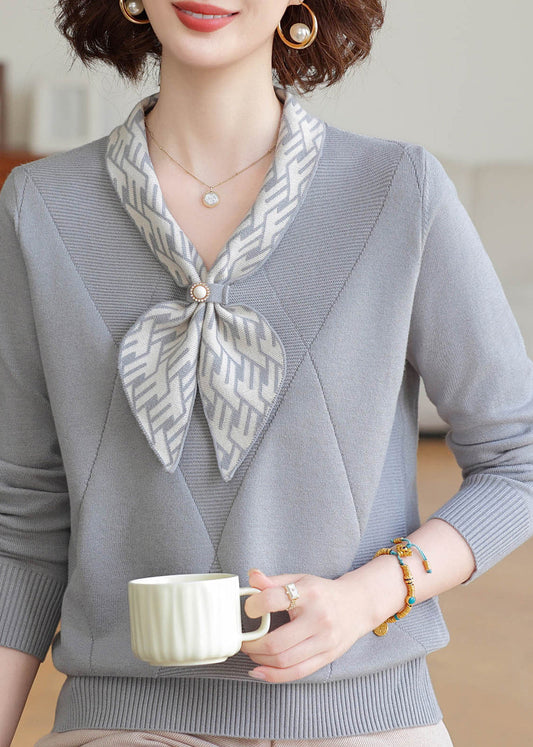 Brief Light Purple Bow Patchwork Cotton Knit Sweaters Fall