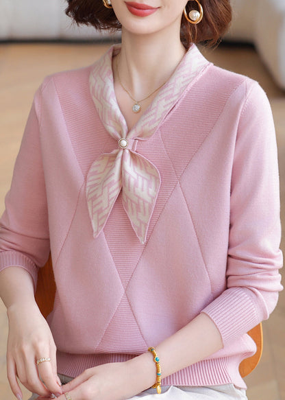 Brief Light Purple Bow Patchwork Cotton Knit Sweaters Fall