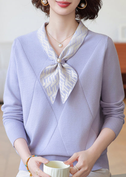 Brief Light Purple Bow Patchwork Cotton Knit Sweaters Fall