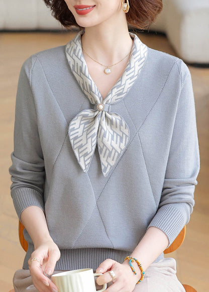 Brief Light Purple Bow Patchwork Cotton Knit Sweaters Fall