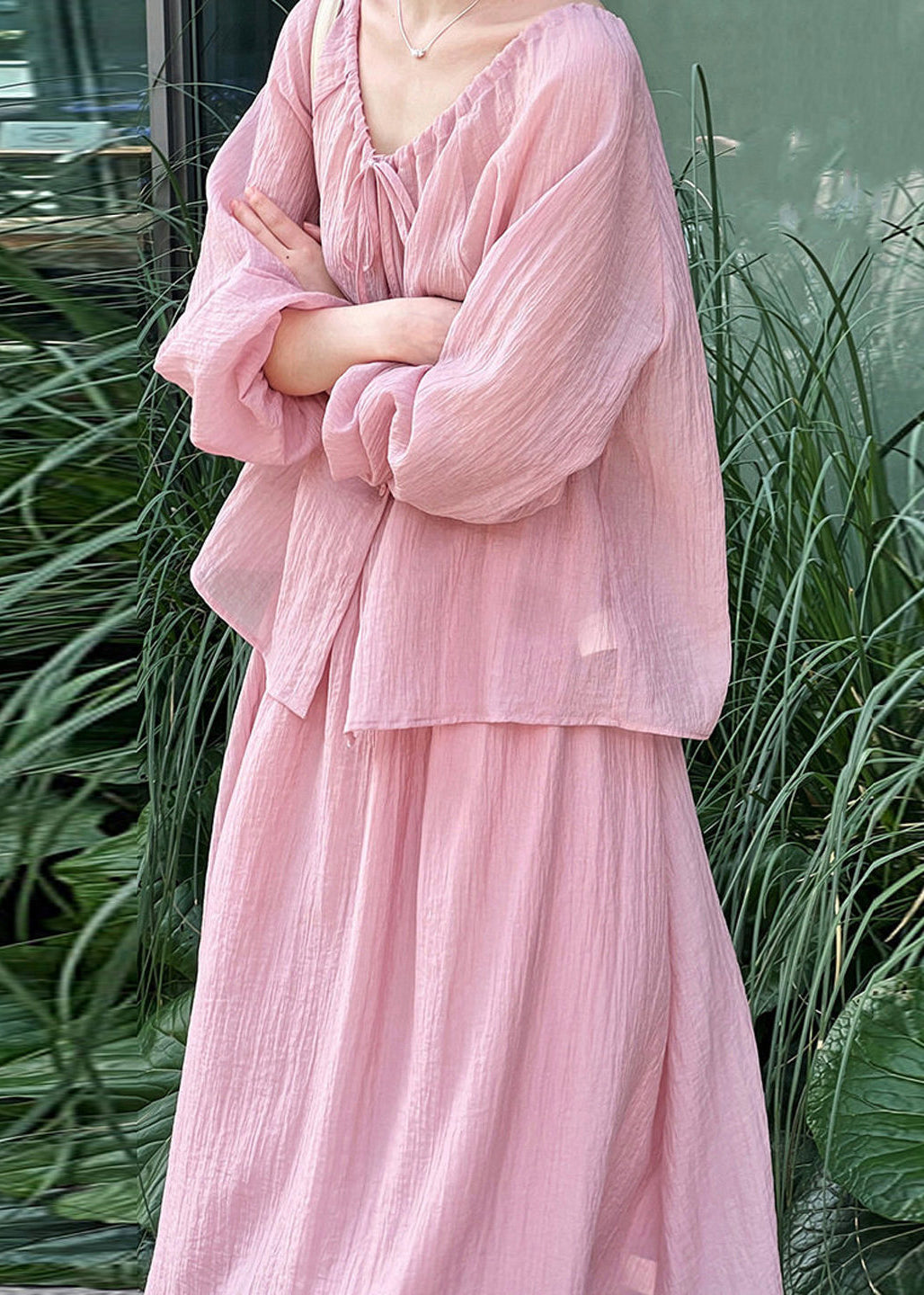 Brief Pink O-Neck Button Shirts And Maxi Skirts Two Pieces Set Lantern Sleeve