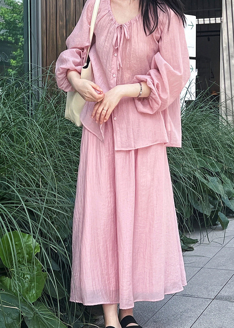 Brief Pink O-Neck Button Shirts And Maxi Skirts Two Pieces Set Lantern Sleeve