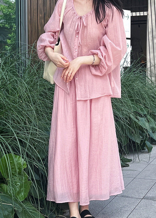 Brief Pink O-Neck Button Shirts And Maxi Skirts Two Pieces Set Lantern Sleeve