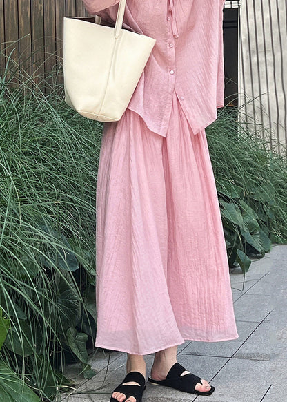 Brief Pink O-Neck Button Shirts And Maxi Skirts Two Pieces Set Lantern Sleeve