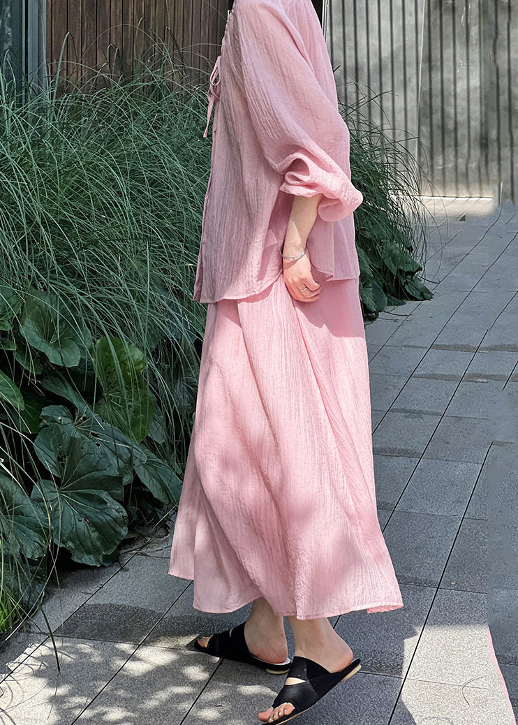 Brief Pink O-Neck Button Shirts And Maxi Skirts Two Pieces Set Lantern Sleeve