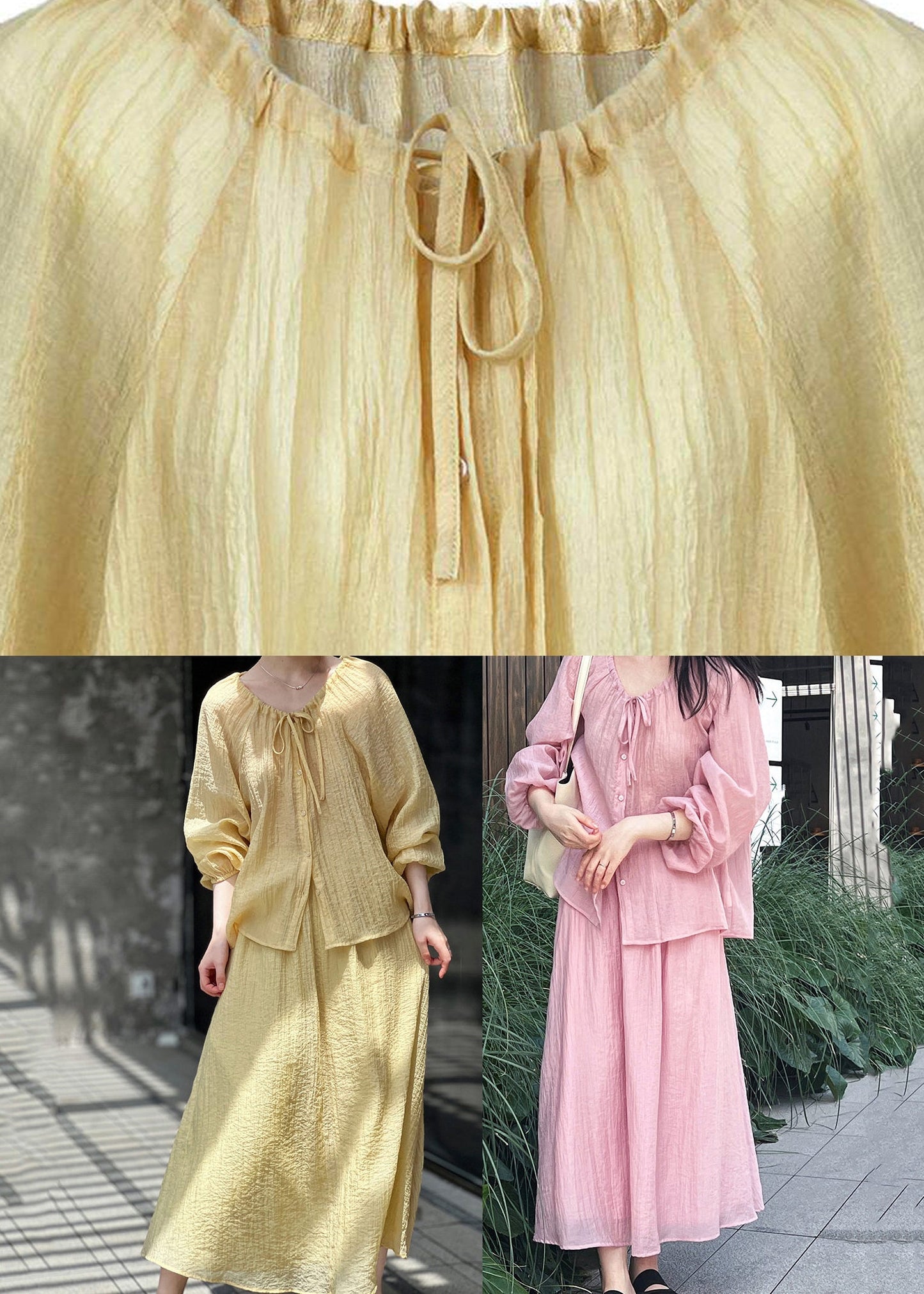 Brief Pink O-Neck Button Shirts And Maxi Skirts Two Pieces Set Lantern Sleeve