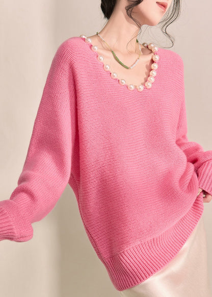 Brief Pink Thick Cotton Knit Sweater V Neck Pearl Lantern Sleeve